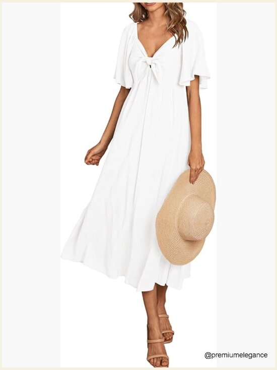 Dresses & Skirts - Bow Tie V Neck Ruffle Midi Flowy Dress